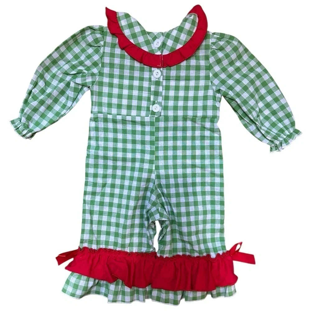 NWOT Adorable Green Checkered Boutique Baby Romper Red Bow Accents